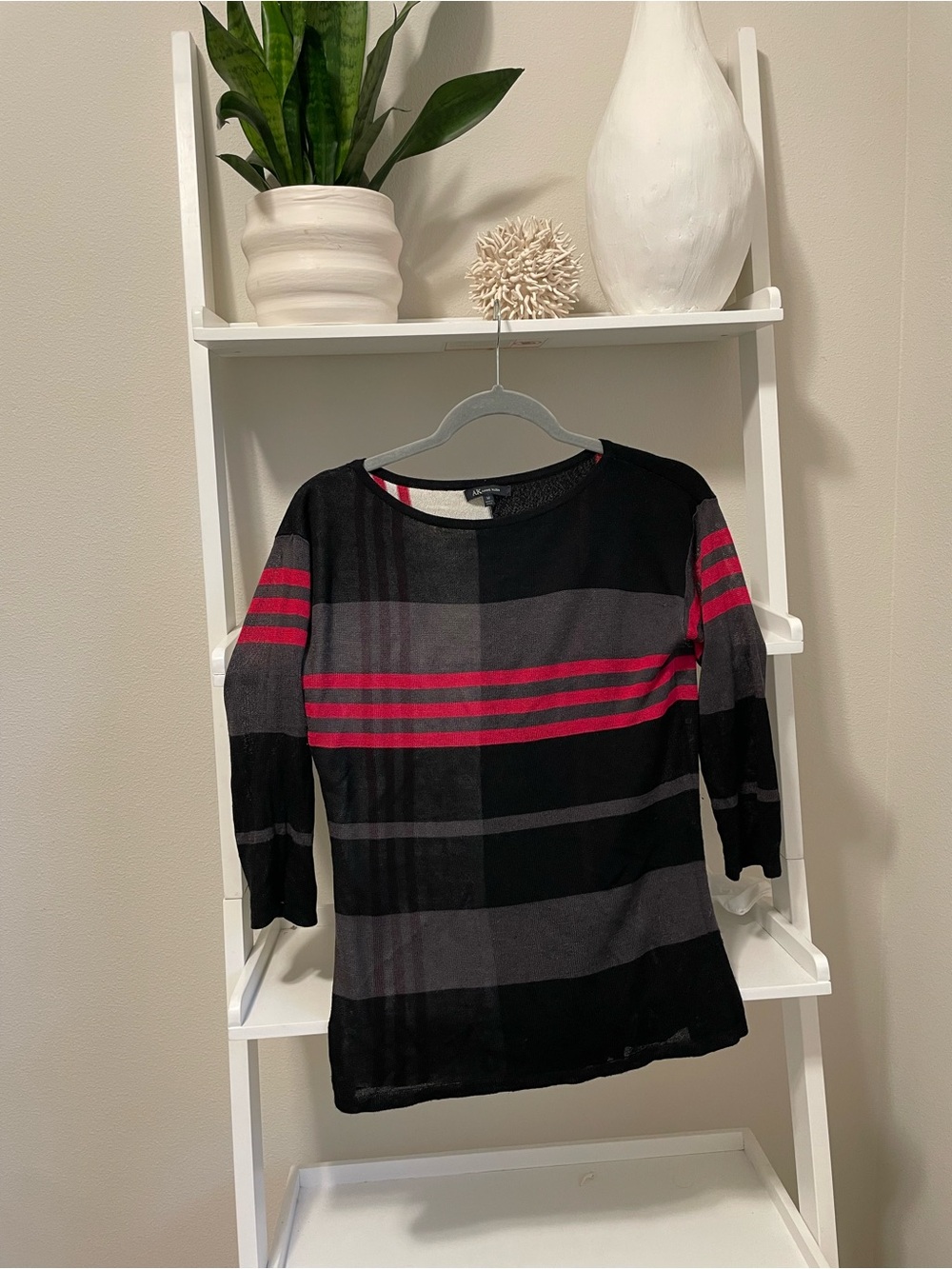 Anne Klein Black Knit Top with Pink and Charcoal Stripes